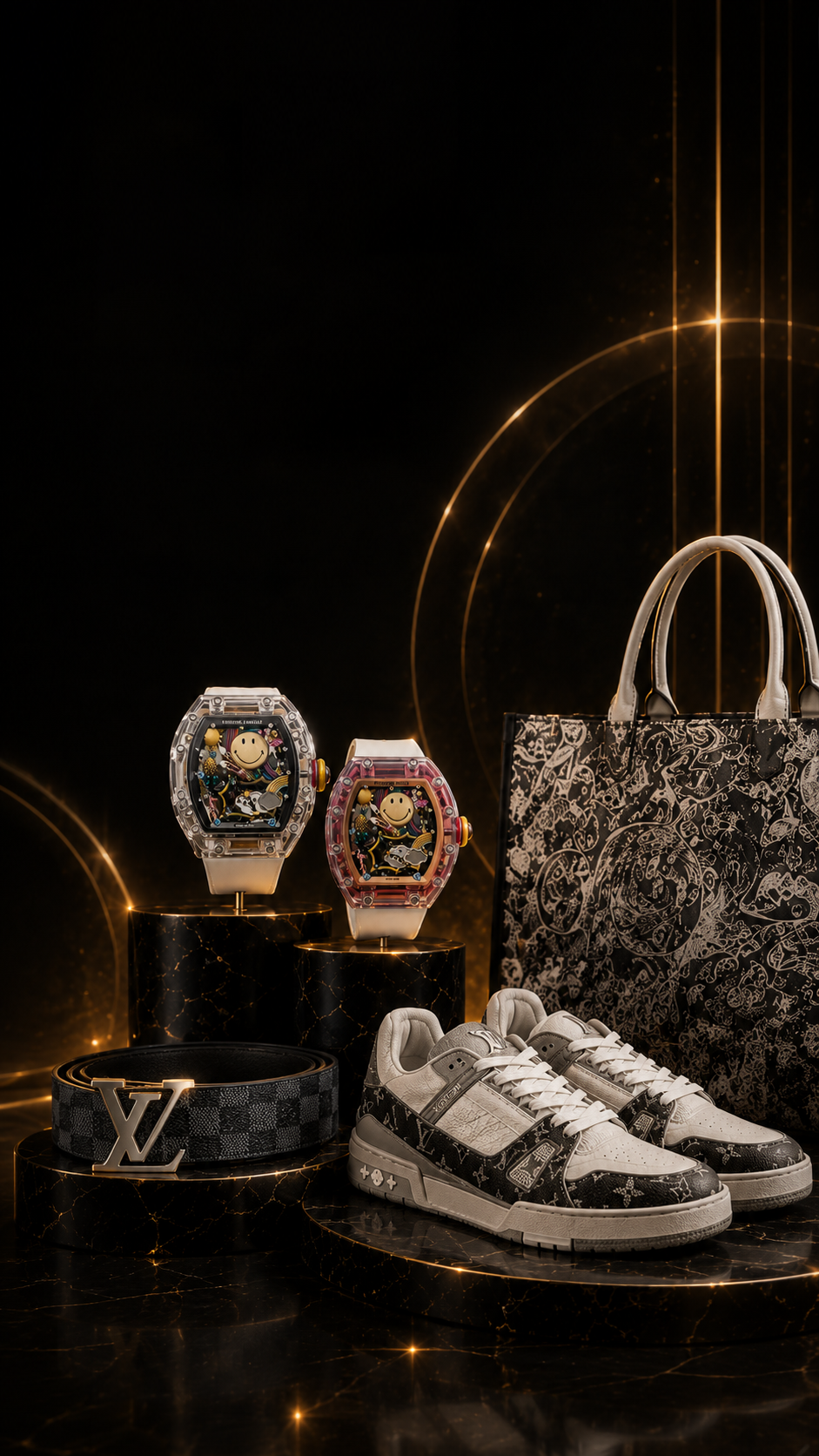 Luxury lifestyle selection with watches, belts, bags, and shoes